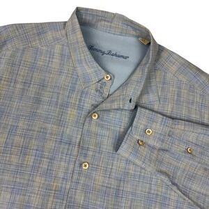 Tommy Bahama Silk Shirt Embroidered Mens L Blue Plaid Textured Slub Button Up
